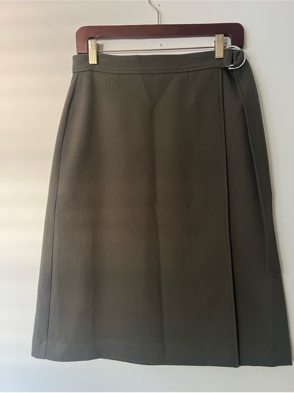 Ann Taylor Olive green office dressy tailored Ring detail Wrap Midi Skirt, 4